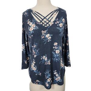 Cloud Chaser Top Women Size Large Floral Strappy V Neck 3/4 Sleeve Stretch NWT